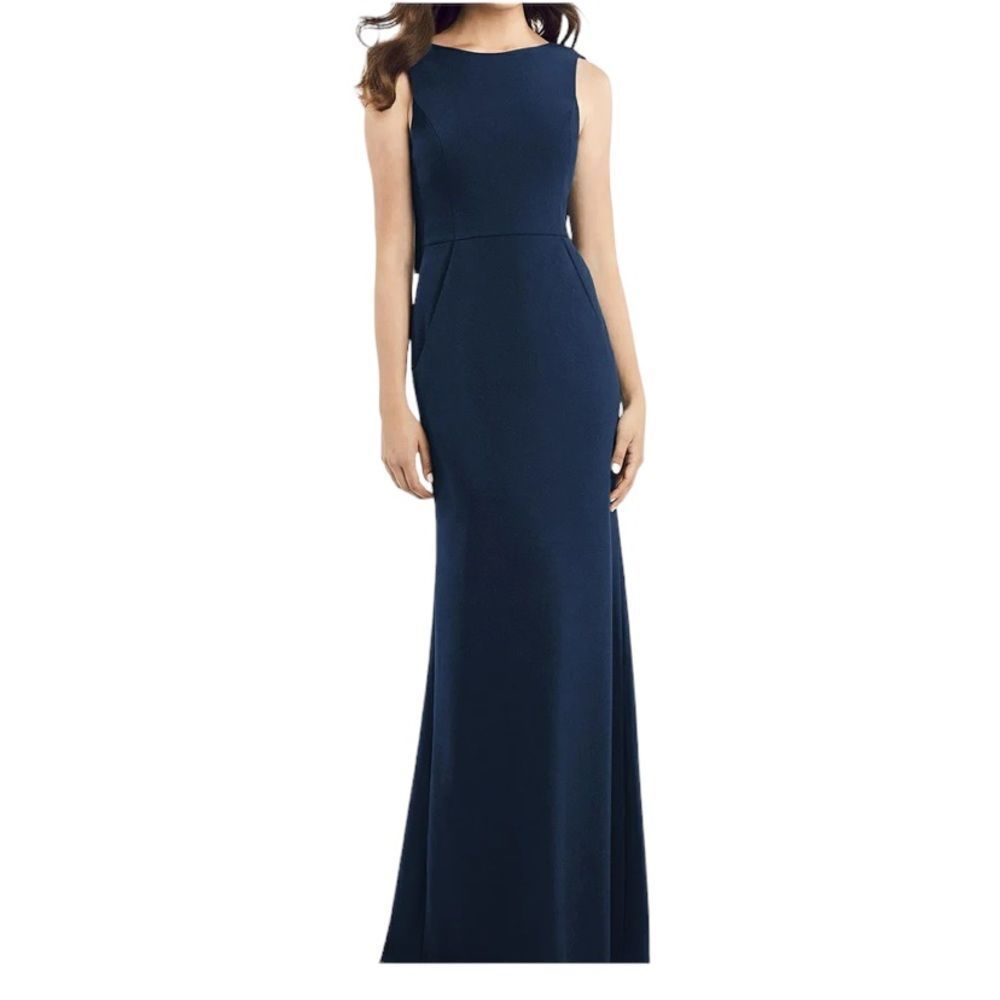 Dessy Collection Draped Trumpet Gown in Navy - with pockets. Size 4
